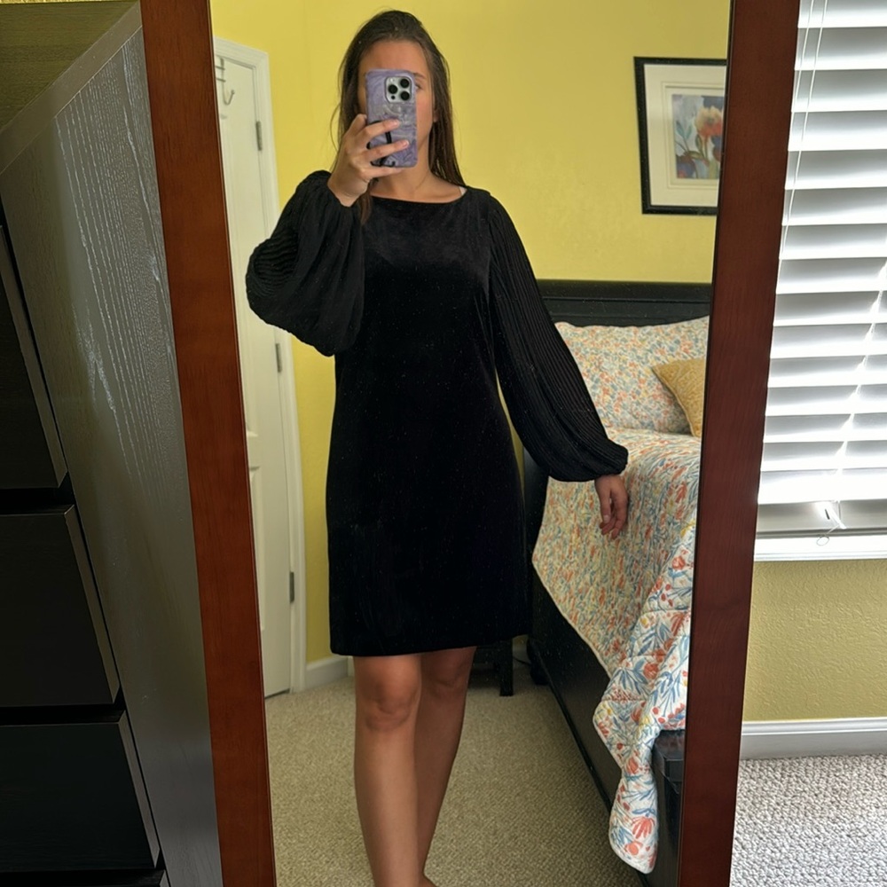 White House Black Market  Black velvet Dress with Sheer Boho Sleeves